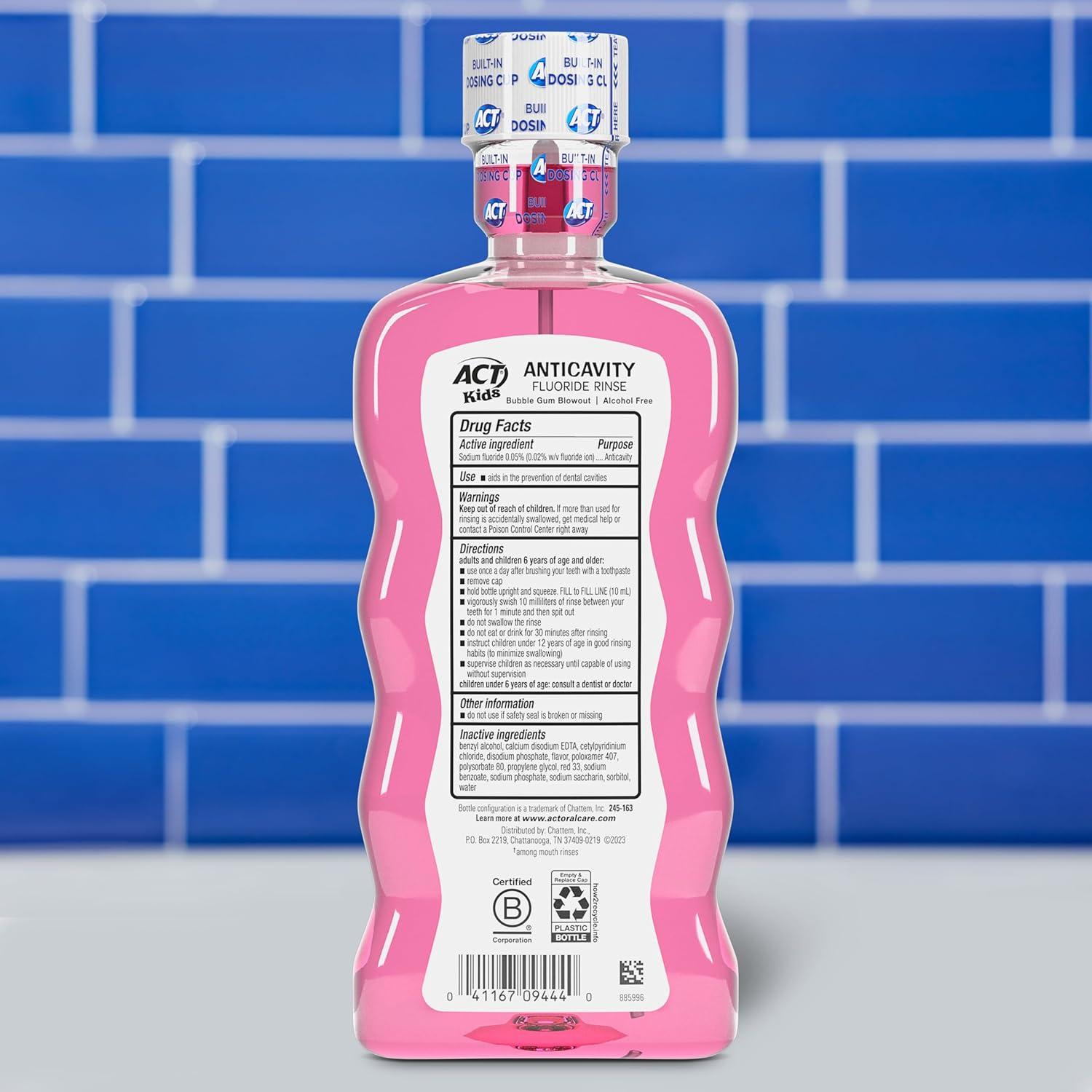 image:imageACT Kids Anticavity Fluoride Mouthwash Sugar amp Alcohol Free Mouth Rinse Strengthens Teeth Bubble Gum Blowout 169 fl oz169 Fl Oz Pack of 1