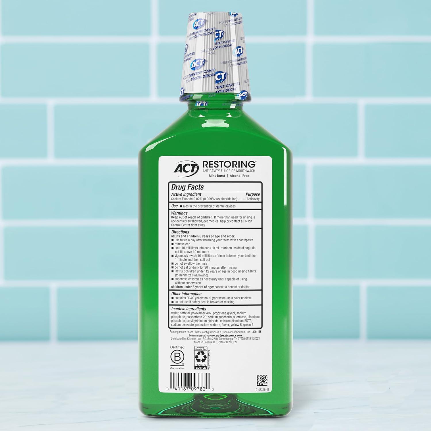 image:imageACT Restoring Zero Alcohol Fluoride Mouthwash 338 fl oz Strengthens Tooth Enamel Mint Burst338 Fl Oz Pack of 2
