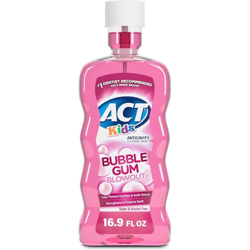 image:imageACT Kids Anticavity Fluoride Mouthwash Sugar amp Alcohol Free Mouth Rinse Strengthens Teeth Bubble Gum Blowout 169 fl oz169 Fl Oz Pack of 1