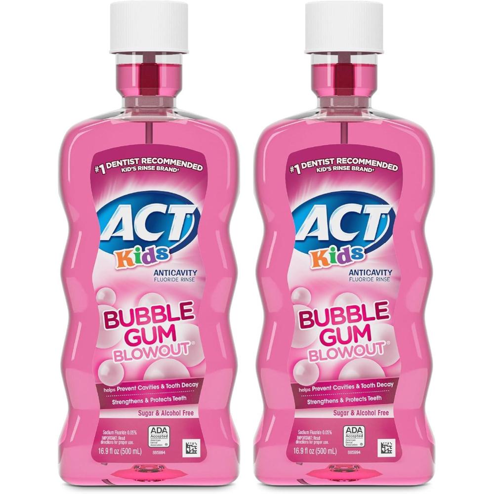 image:imageACT Kids Anticavity Fluoride Mouthwash Sugar amp Alcohol Free Mouth Rinse Strengthens Teeth Bubble Gum Blowout 169 fl oz169 Fl Oz Pack of 2